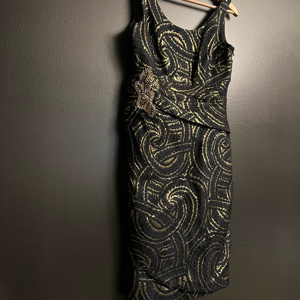 Kay Unger Jacquard Gold and Navy cocktail dress